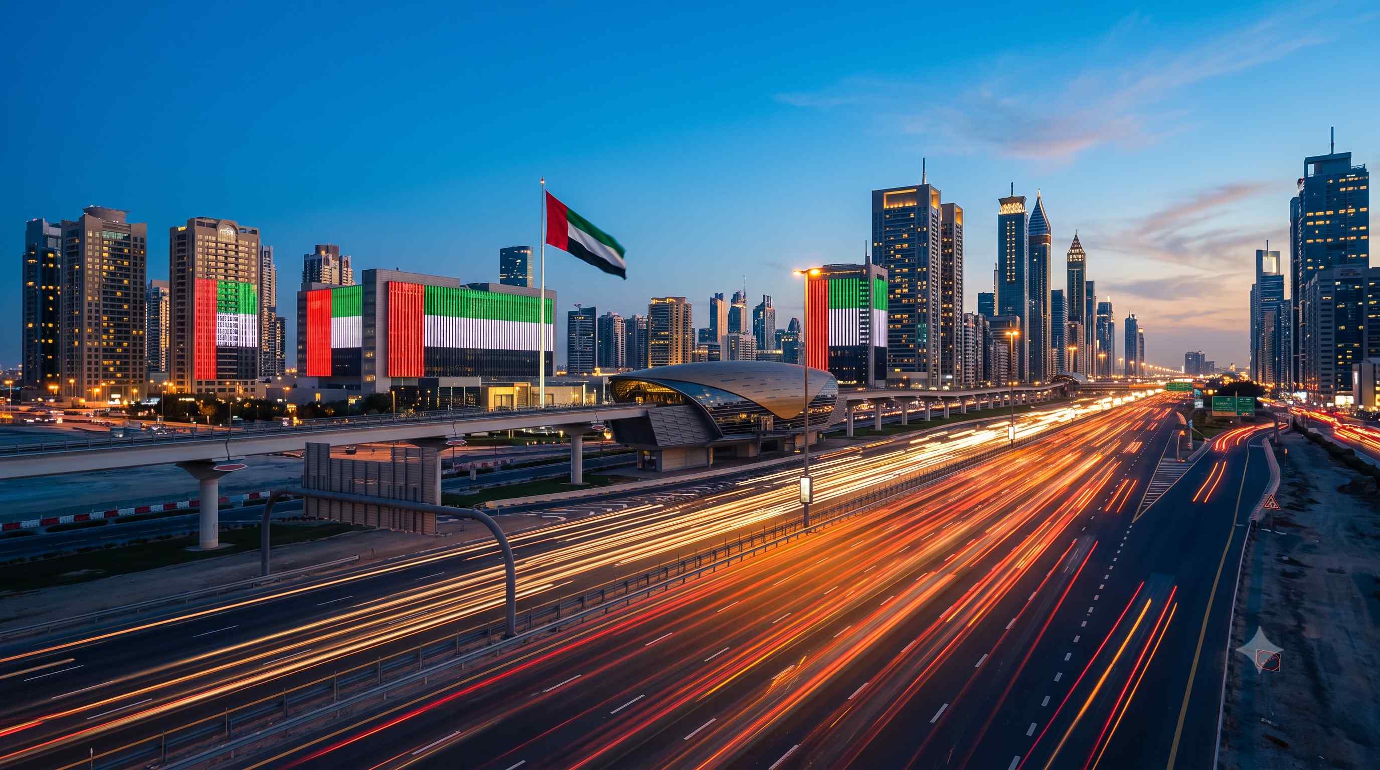 Sheikh Zayed Road at blue hour with amber light trails