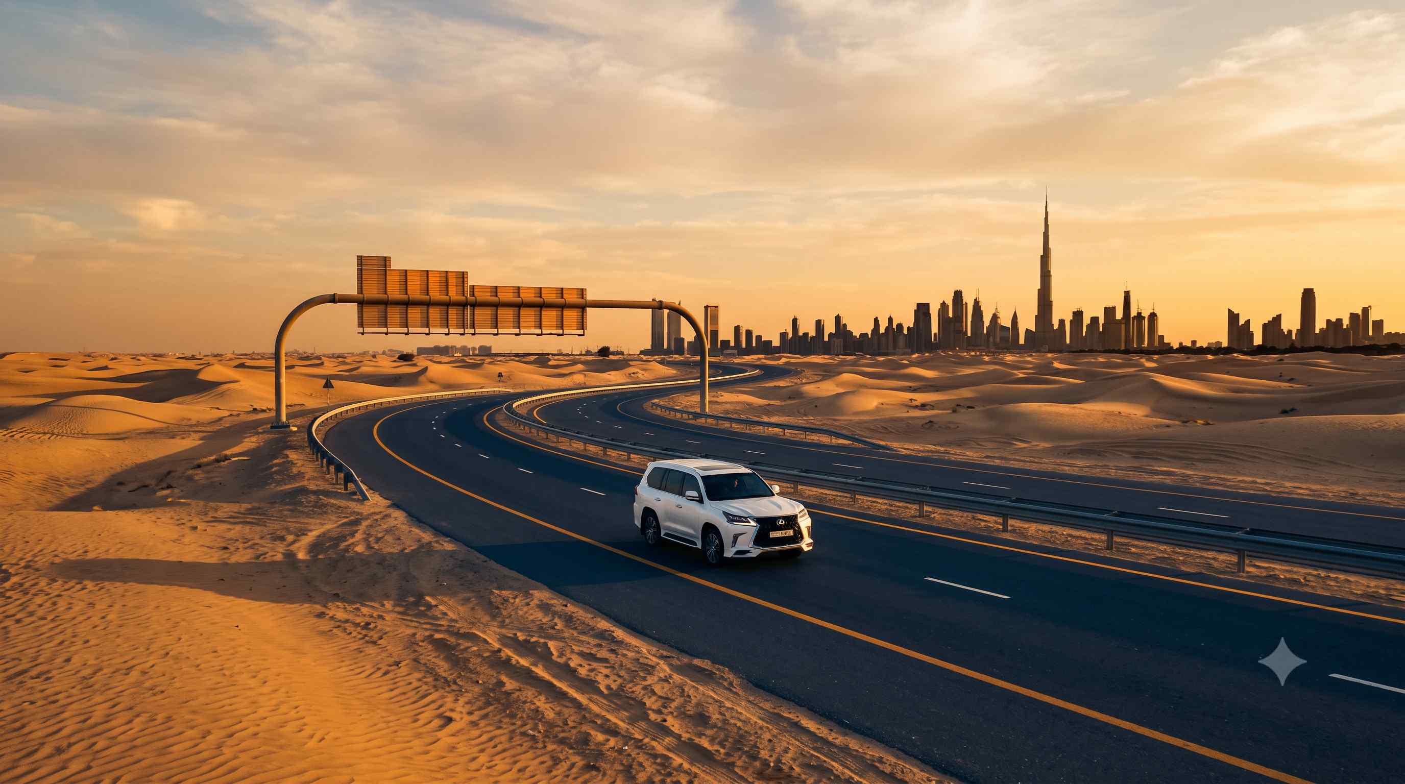 White SUV driving a curving desert highway toward the Dubai skyline at golden hour, with an overhead road sign gantry