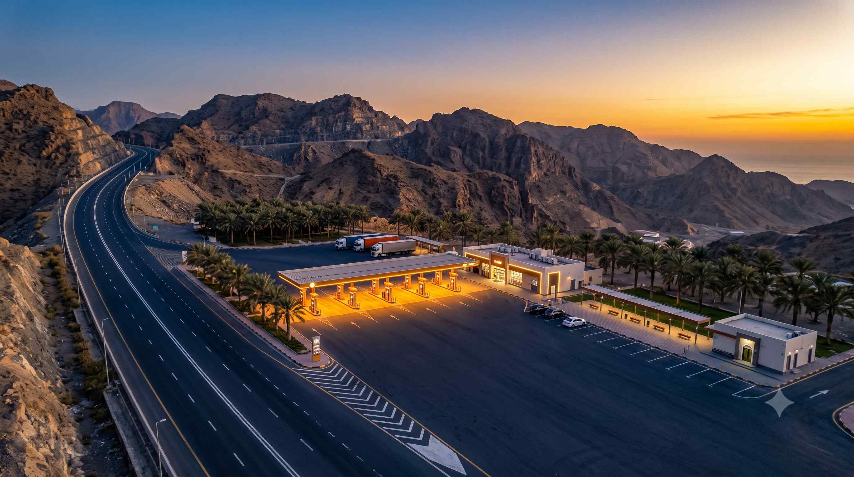 Highway fuel and rest stop in Oman at dusk on the Muscat route